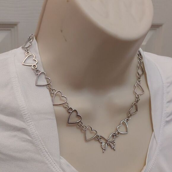 Butterfly Pendant with Linked Open Heart Silver Tone Necklace - Picture 2 of 6